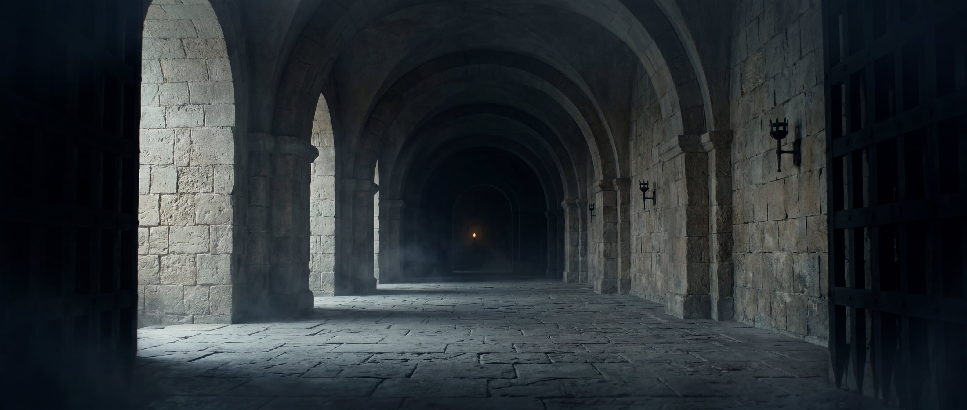 The interior of a raised portcullis. A long arched corridor recedes into darkness, a distant warm pinpoint of light at the far end.