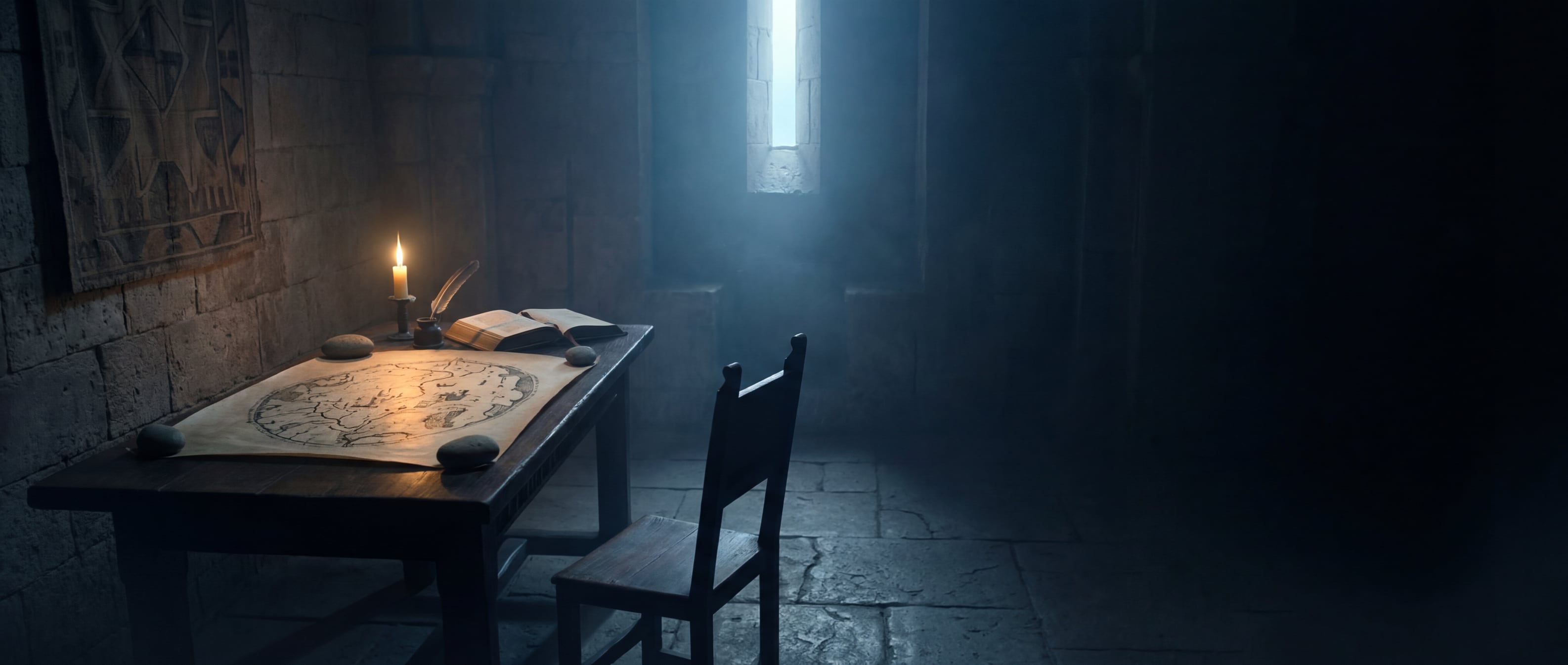 A vaulted chamber, a long table with an unrolled map, a single candle, a tapestry on the wall, a narrow window.