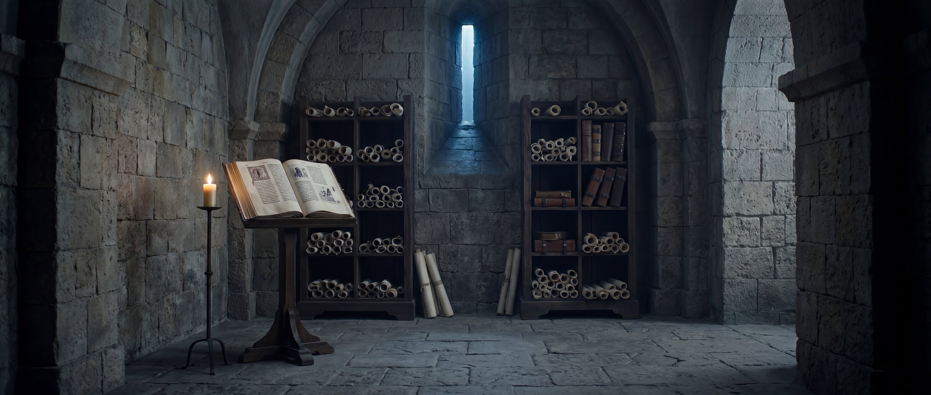 Bookcases of scrolls in a Romanesque archive. A lectern stands at the centre with an open chronicle, a candle, a narrow window.