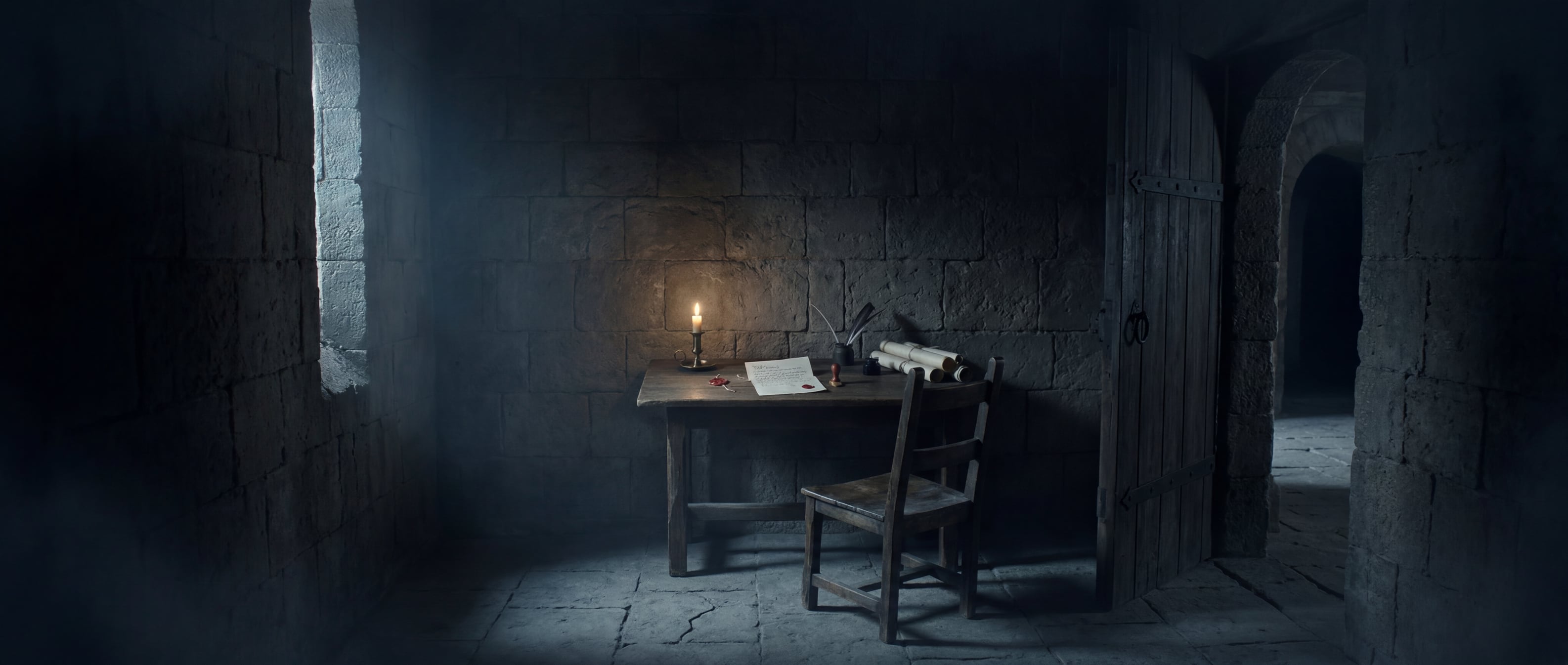 An intimate study at night. A desk with a sealed letter and a wax seal, a candle, an open door leading to a corridor beyond.