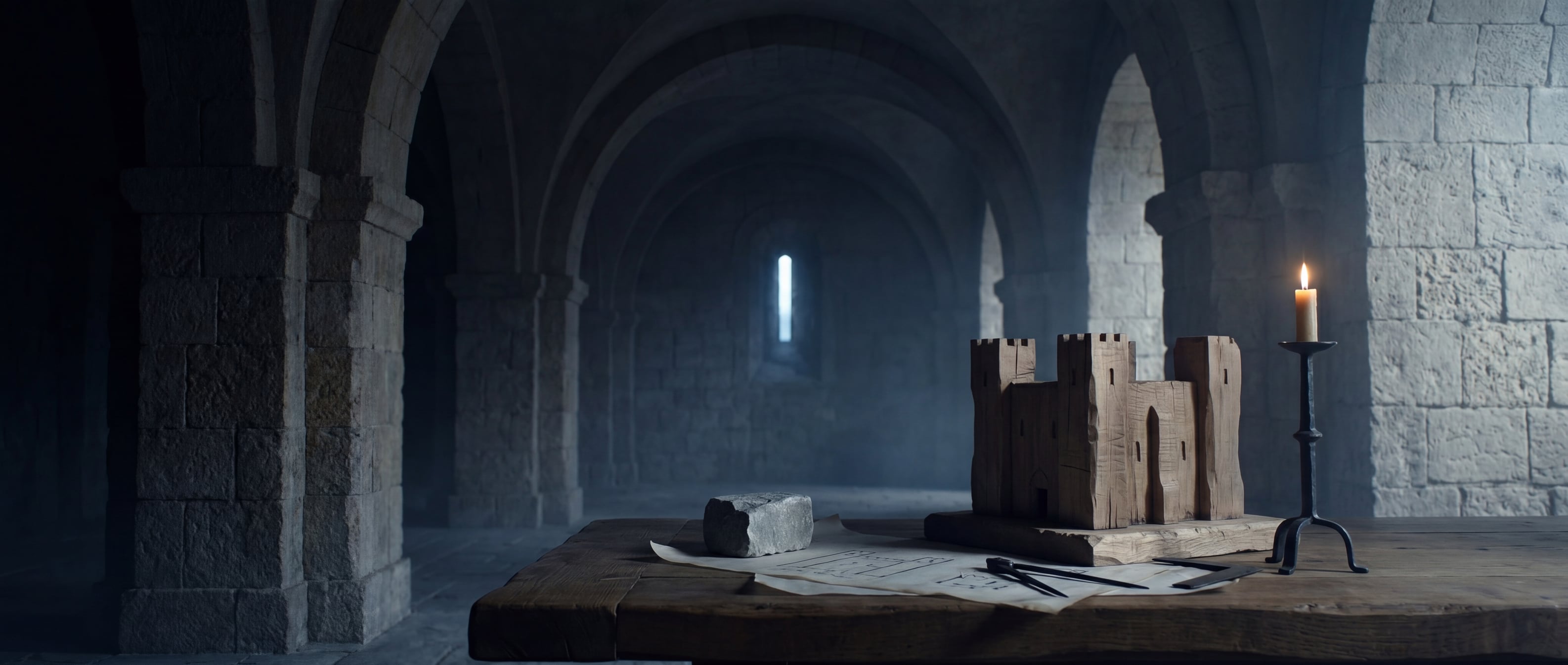 A table with a crude wooden castle model, drawings, a brass compass, a candle.
