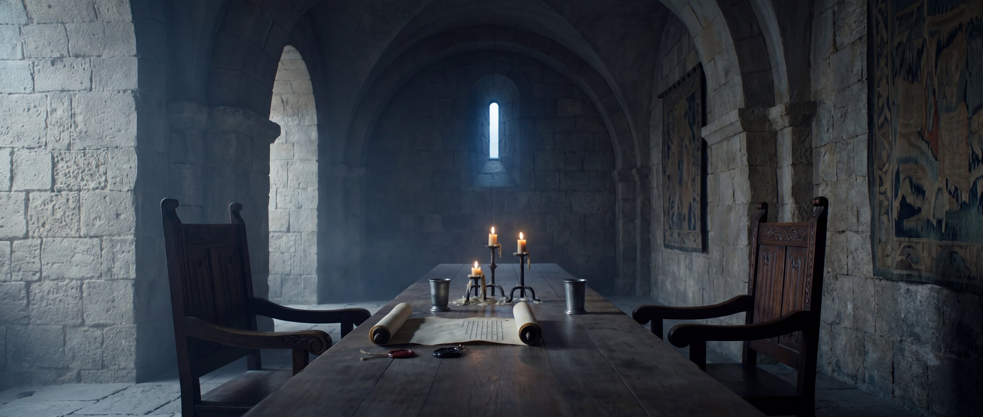 A long council table with two chairs. A scroll bearing wax seals lies between them. Candles burn low.