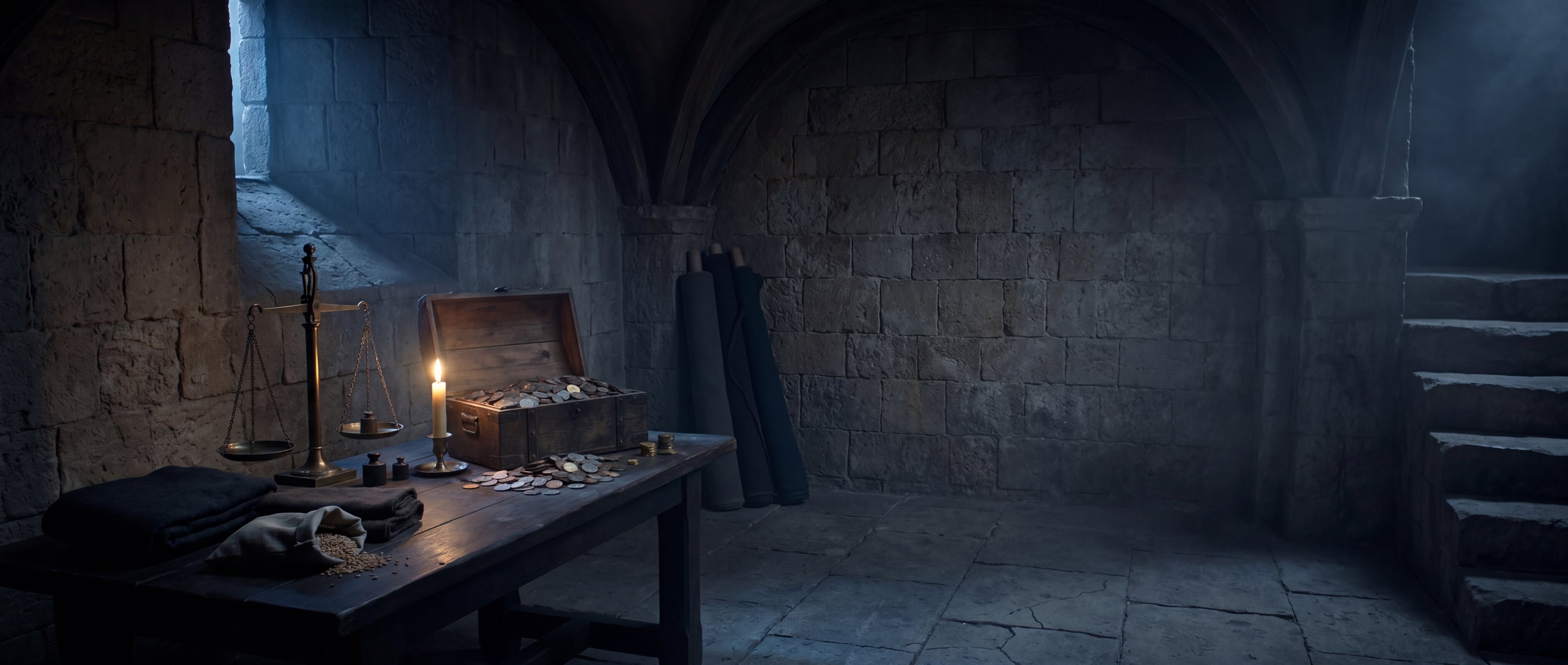 A merchant's table with a brass scale, an open chest of mixed coins, folded cloth, a sack of grain, a candle.