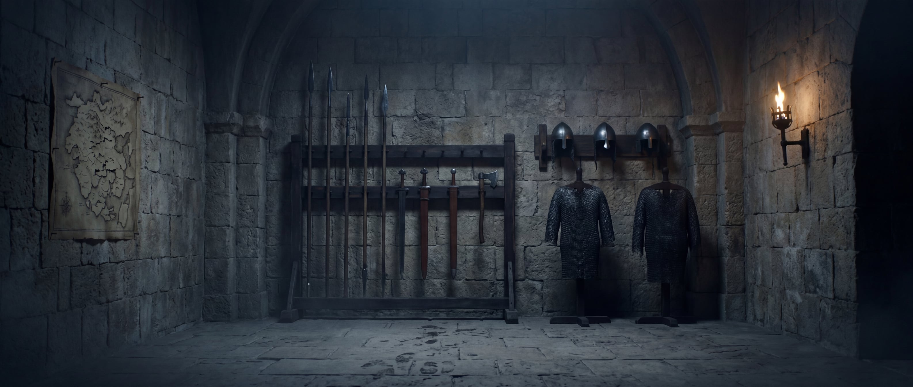 An armoury. Weapon rack with spears, swords, helms, mail hauberks. A campaign map on the wall. A torch.
