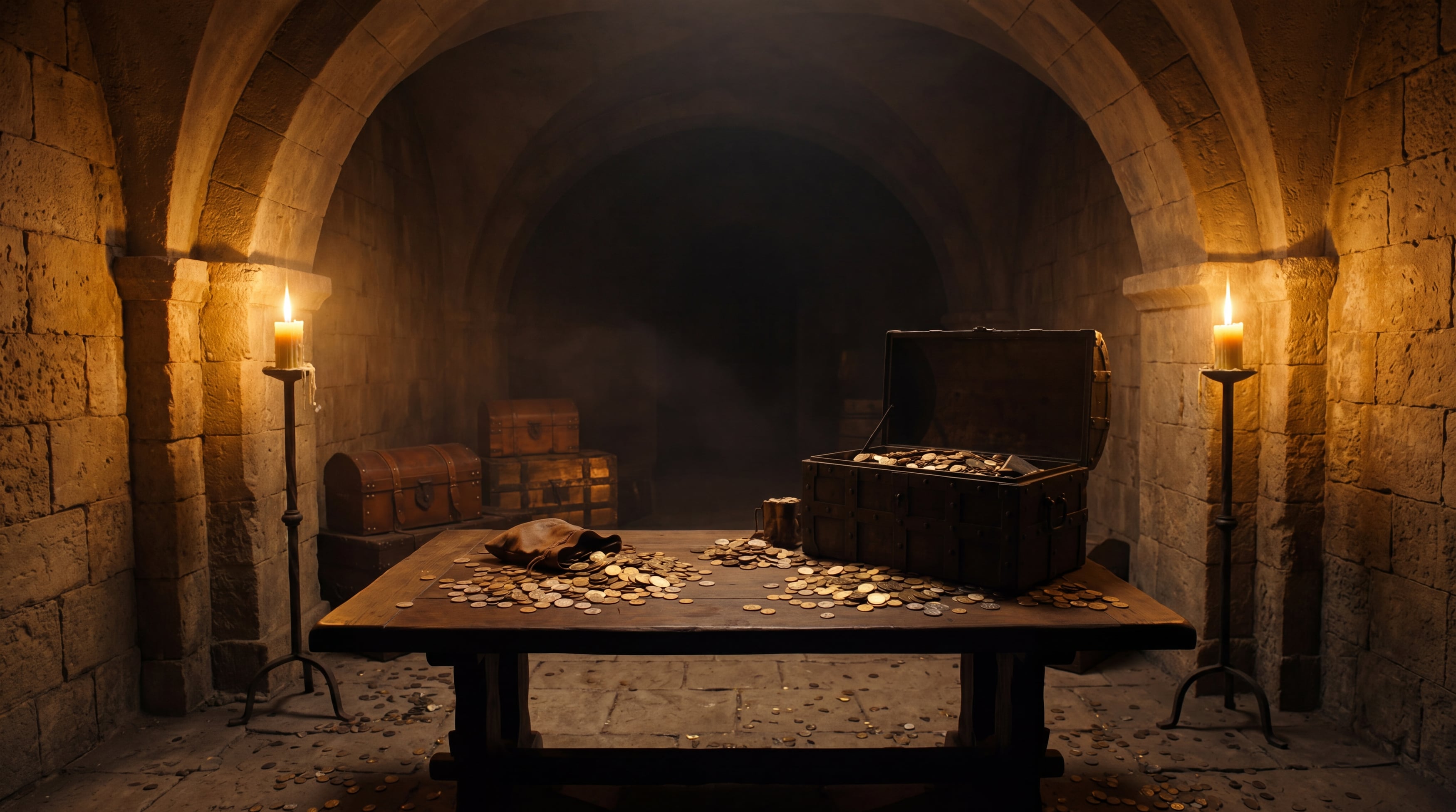 A vaulted treasury. A heavy table piled with coins, two warm candles burning beside wooden chests.