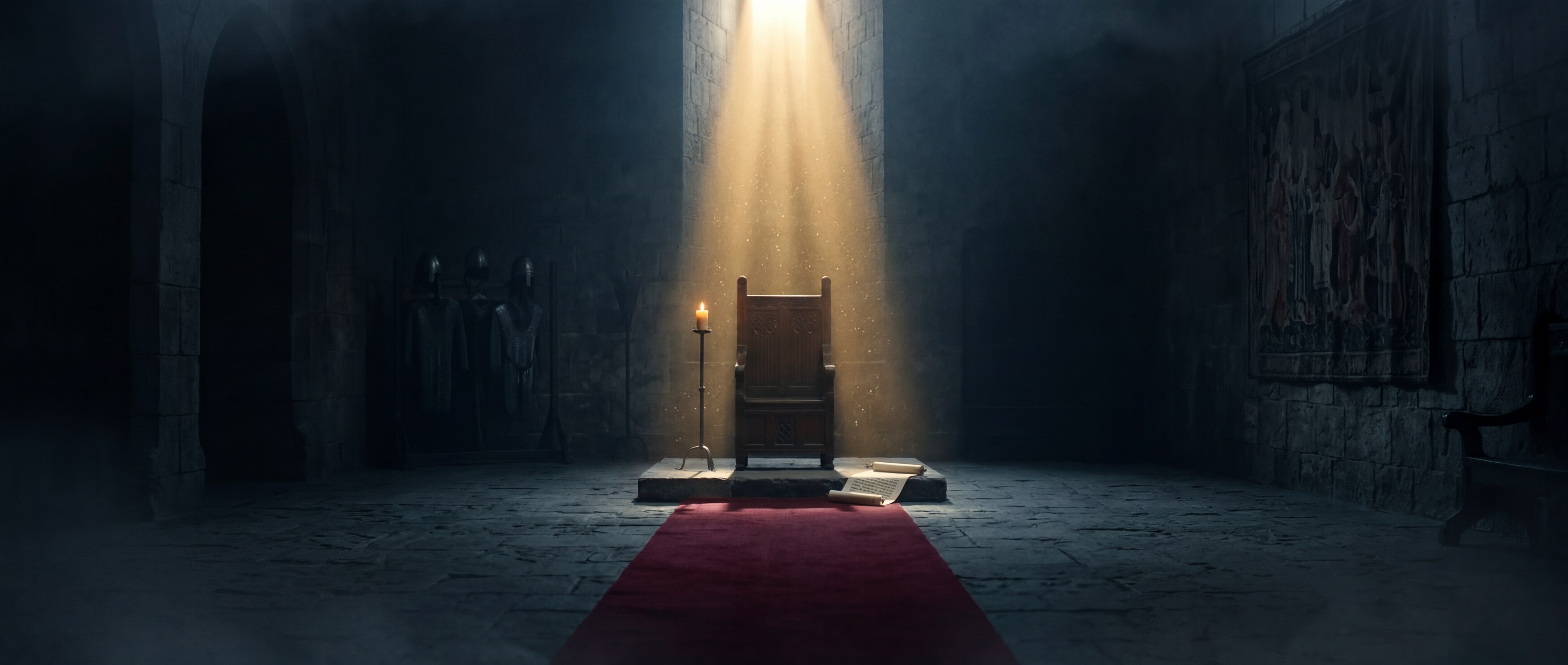 The same Romanesque hall as the opening, the throne now bathed in a single shaft of warm light from above, a crimson runner laid down the centre aisle leading to it. An invitation.